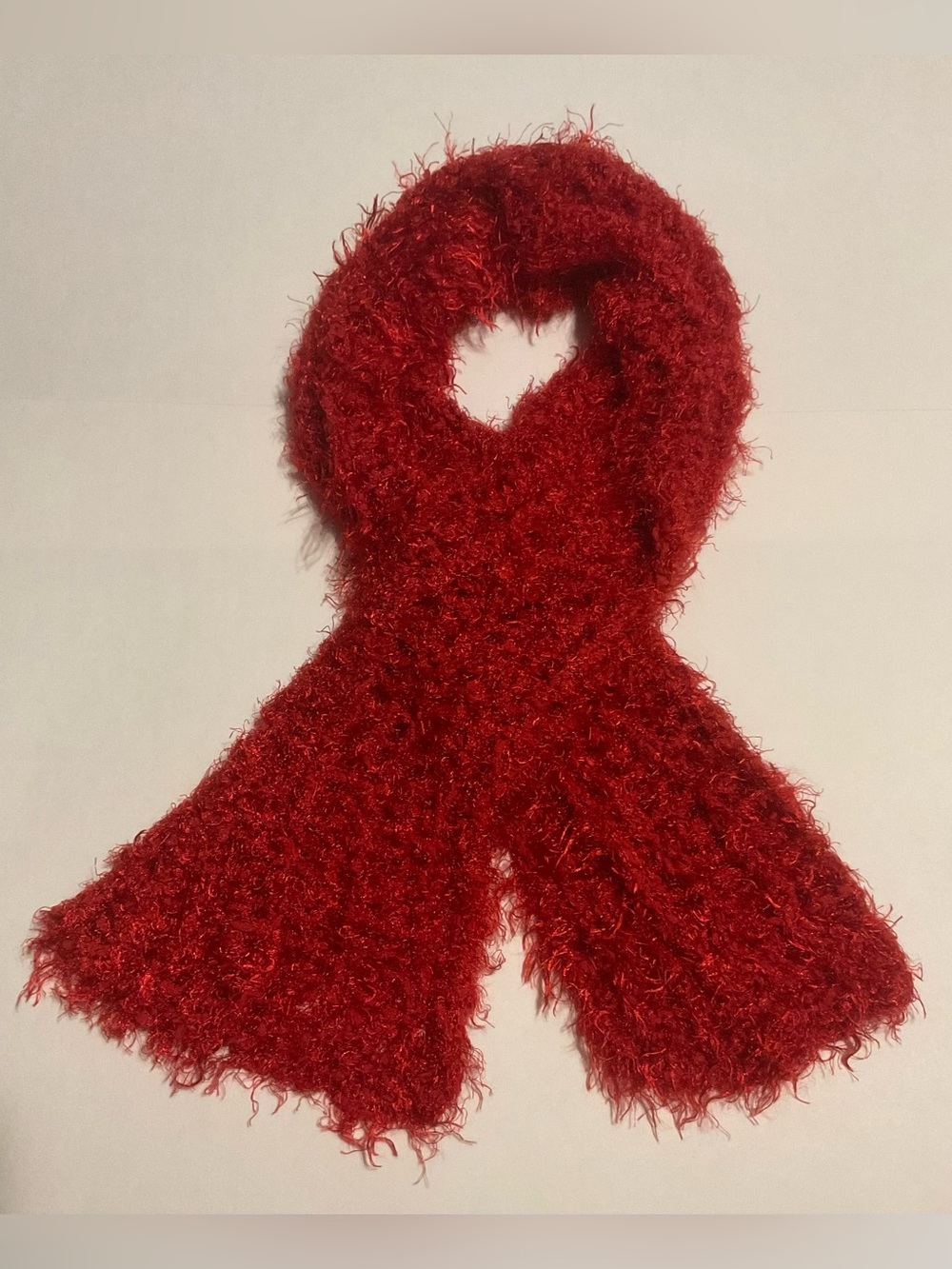 Women Red Knit Rectangle Scarf Wrap w/ Fringe 42x12